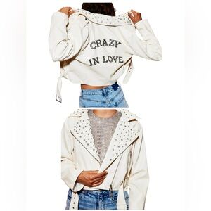 New blue b Cream Crazy In Love Rhinestone Bride Bachelorette Faux Leather Jacket